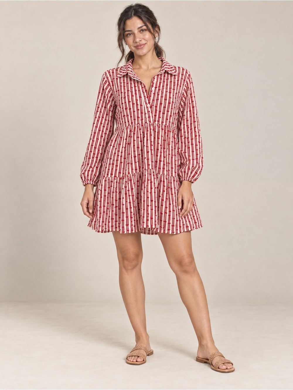 Maeve Anthropologie Red White Printed Tiered Shirt Dress Size Medium